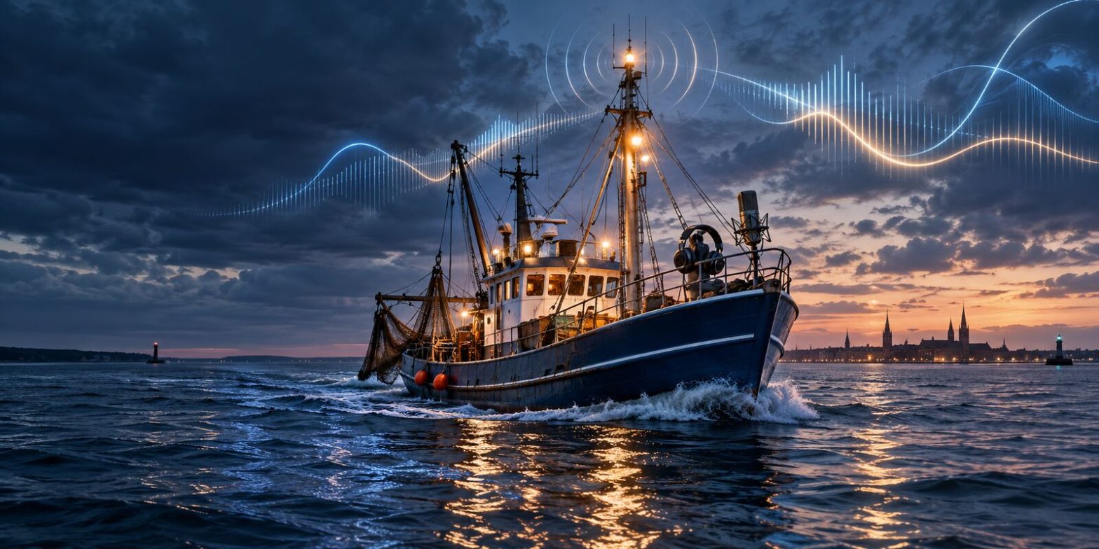 Fischkutter auf der Ostsee mit Mikrofon, Kopfhörern und stilisierten Radiowellen